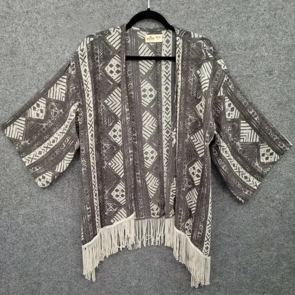 HOLLISTER Y2K Kimono Women's One Size 3/4 Wide Sleeve Open Front Fringe Hem Gray